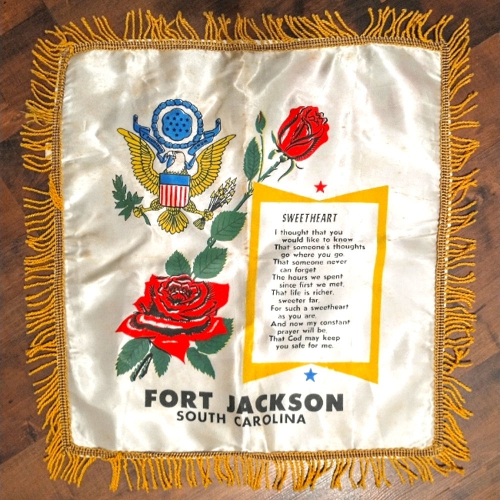 Vintage/Antique Satin "Sweetheart" Military Pillow Sham - "Fort Jackson" SC